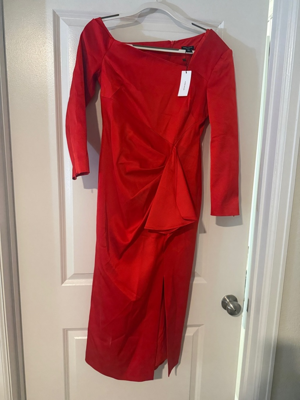 Petite Italian Structured Rib Asymmetric Neckline Draped Tailored Maxi Dress
